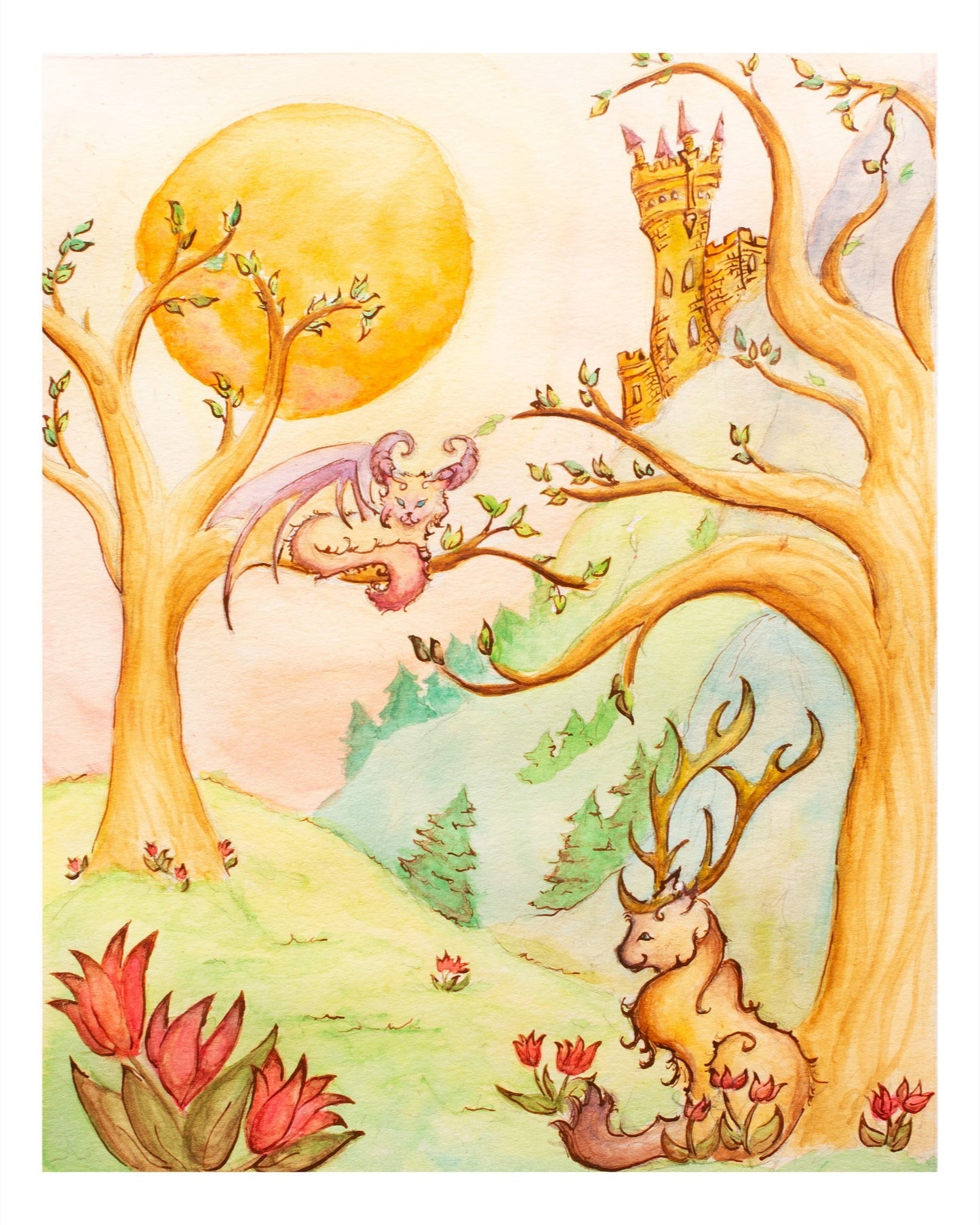 Castle Scene with Fae and Dragon Cat fine art giclee print