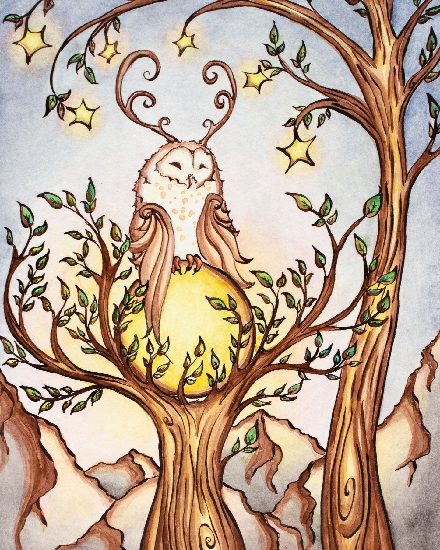 Owl and Moon Giclee Fine Art Print