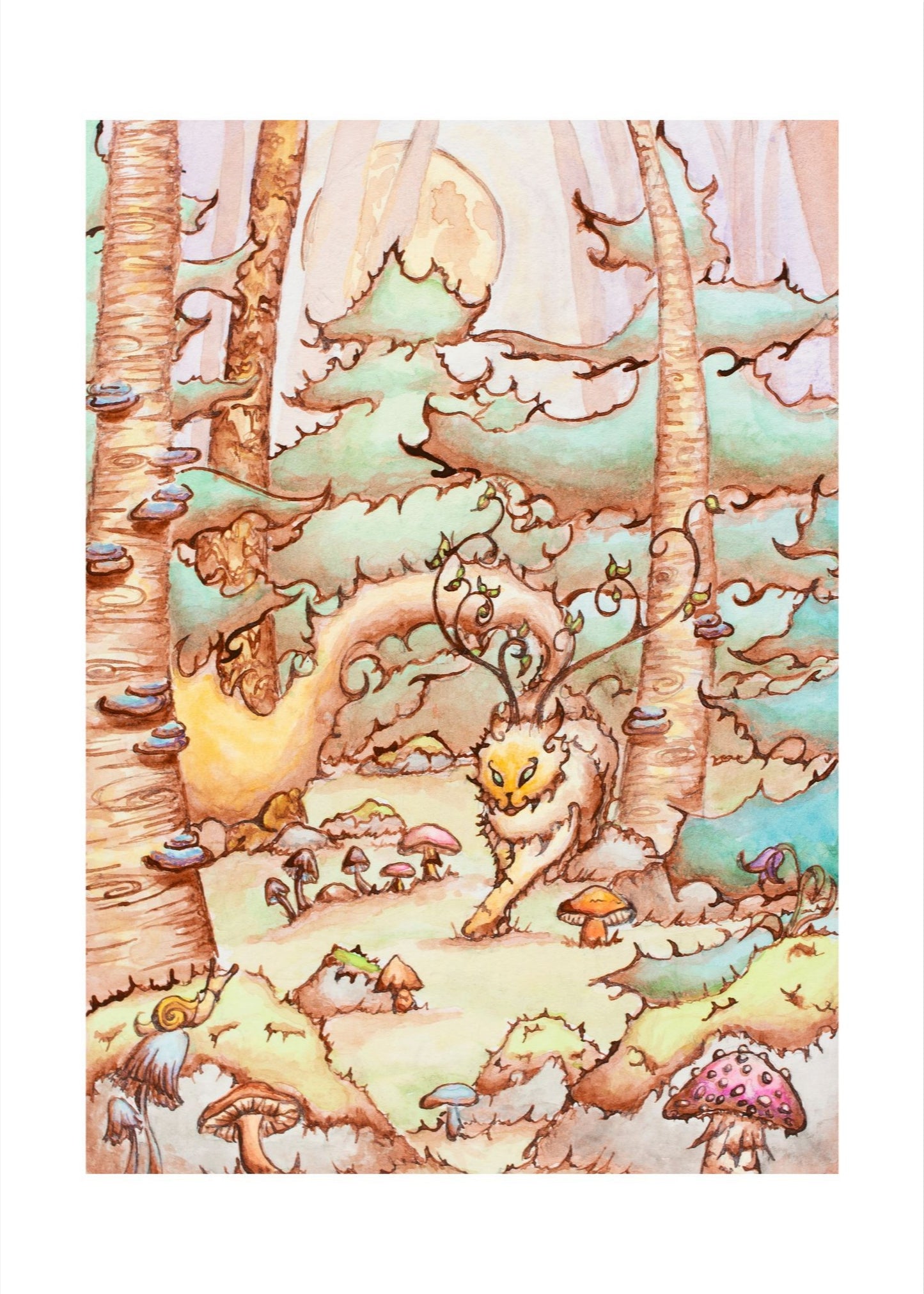 Fae Cat in Moonlit Forest Giclee Fine Art Print