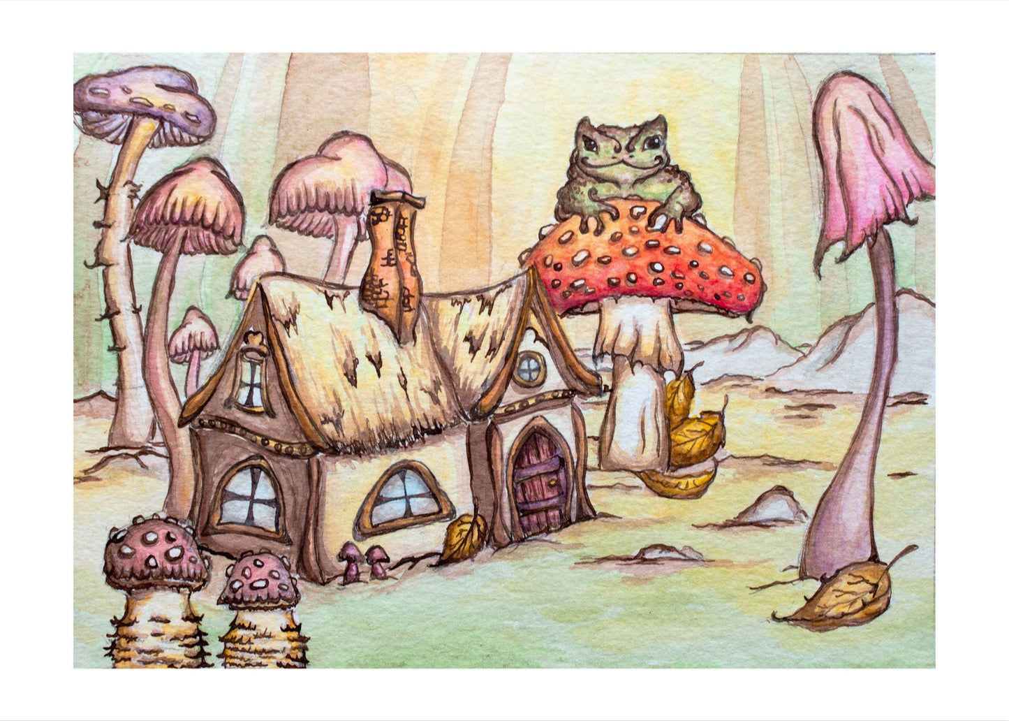 Tiny Cottage and Happy Toad in Mushroom Forest Giclee Fine Art Print