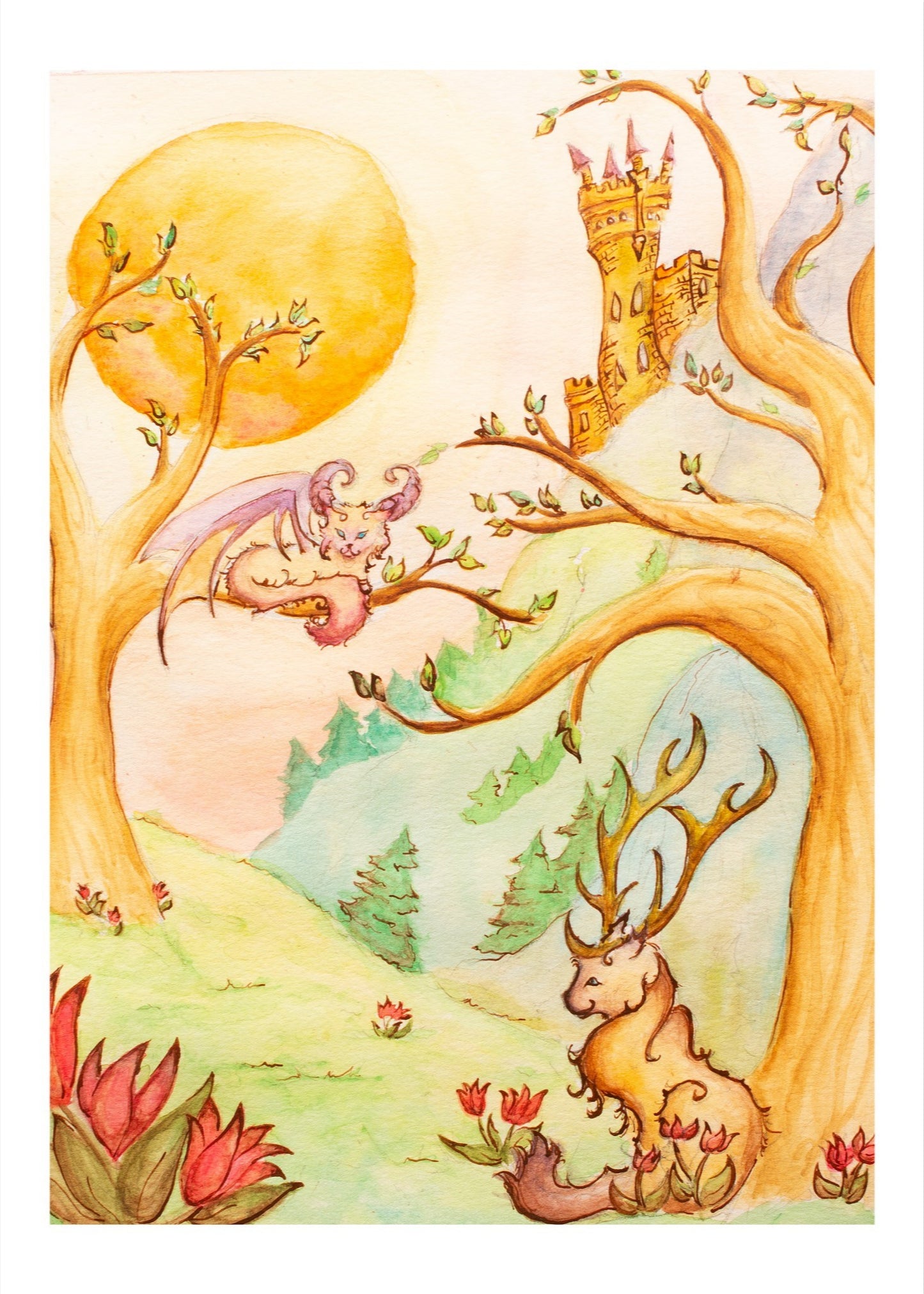 Castle Scene with Fae and Dragon Cat fine art giclee print