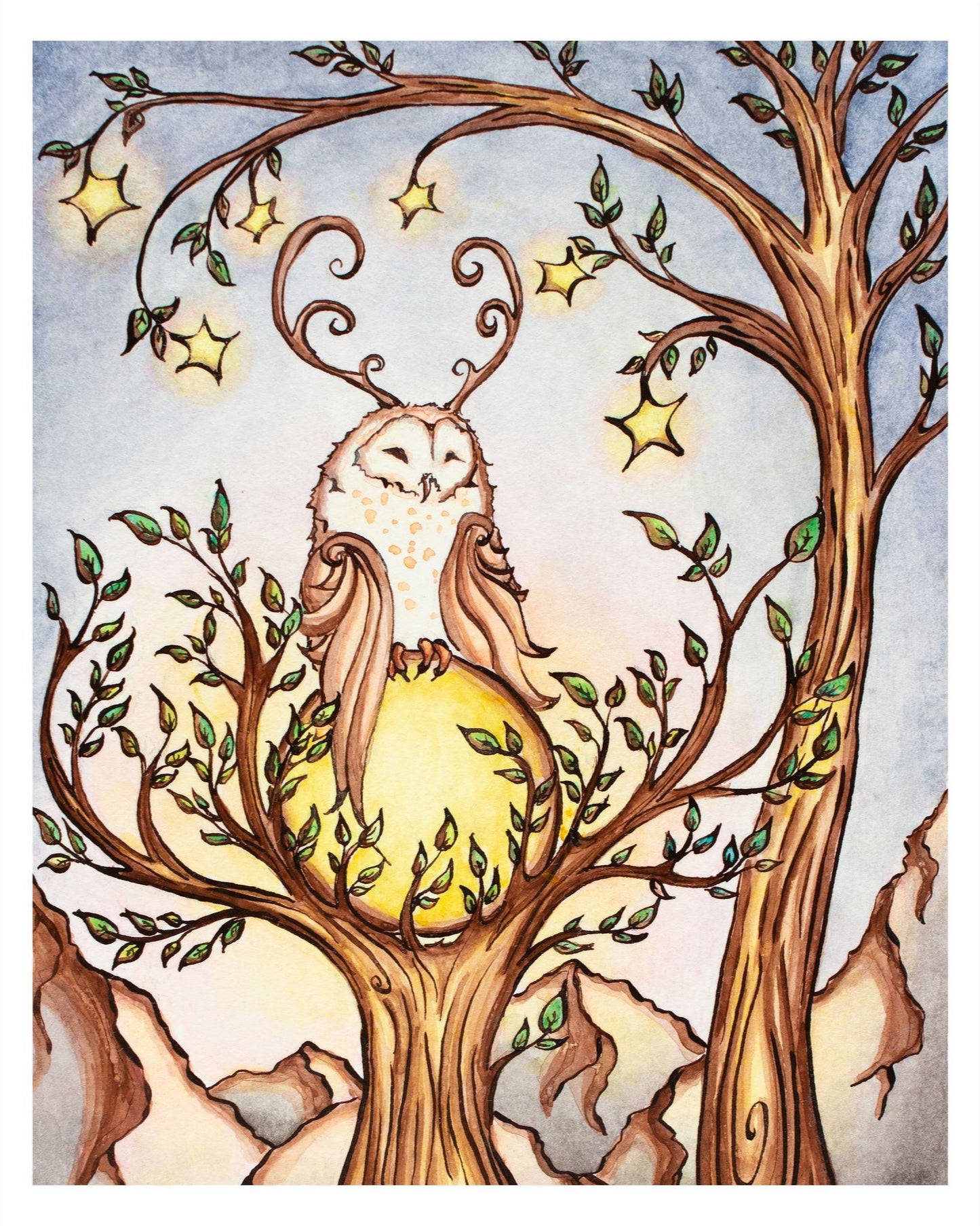 Owl and Moon Giclee Fine Art Print
