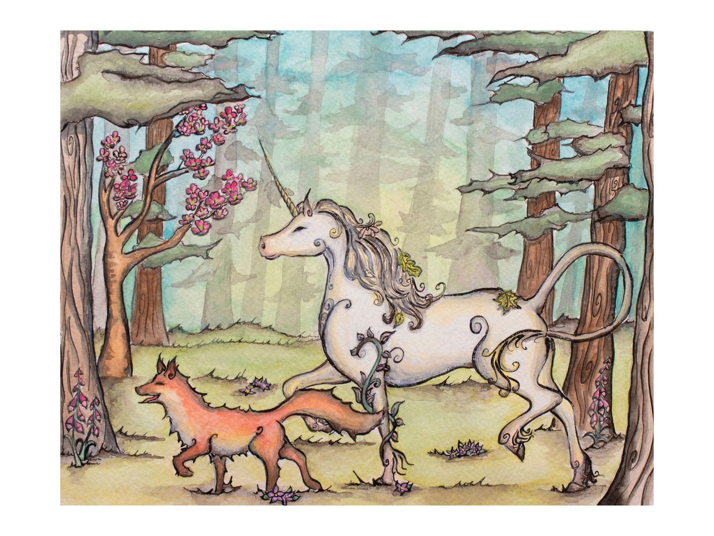 Joyful Unicorn and Fox Giclee Fine Art Print