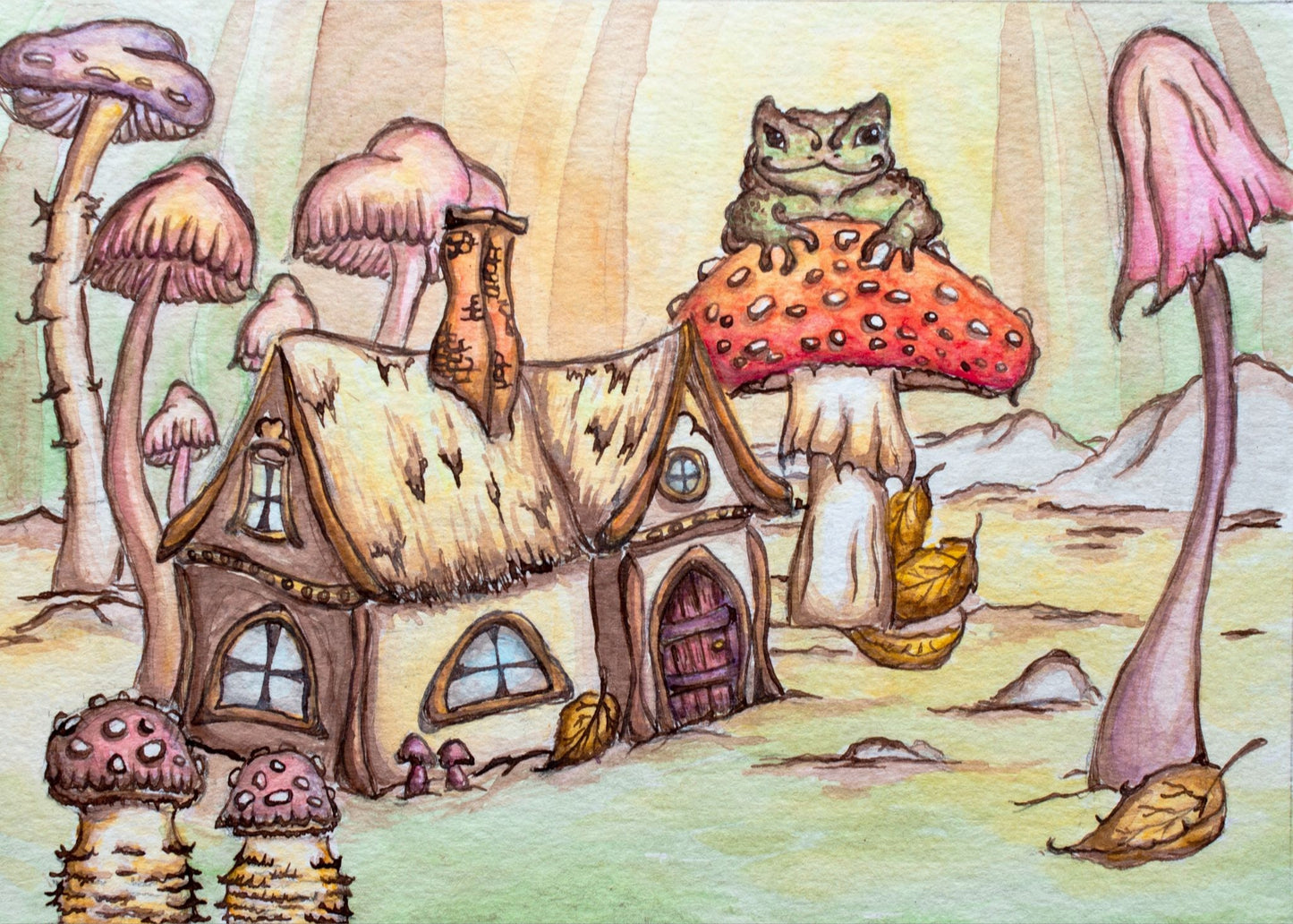 Tiny Cottage and Happy Toad in Mushroom Forest Giclee Fine Art Print