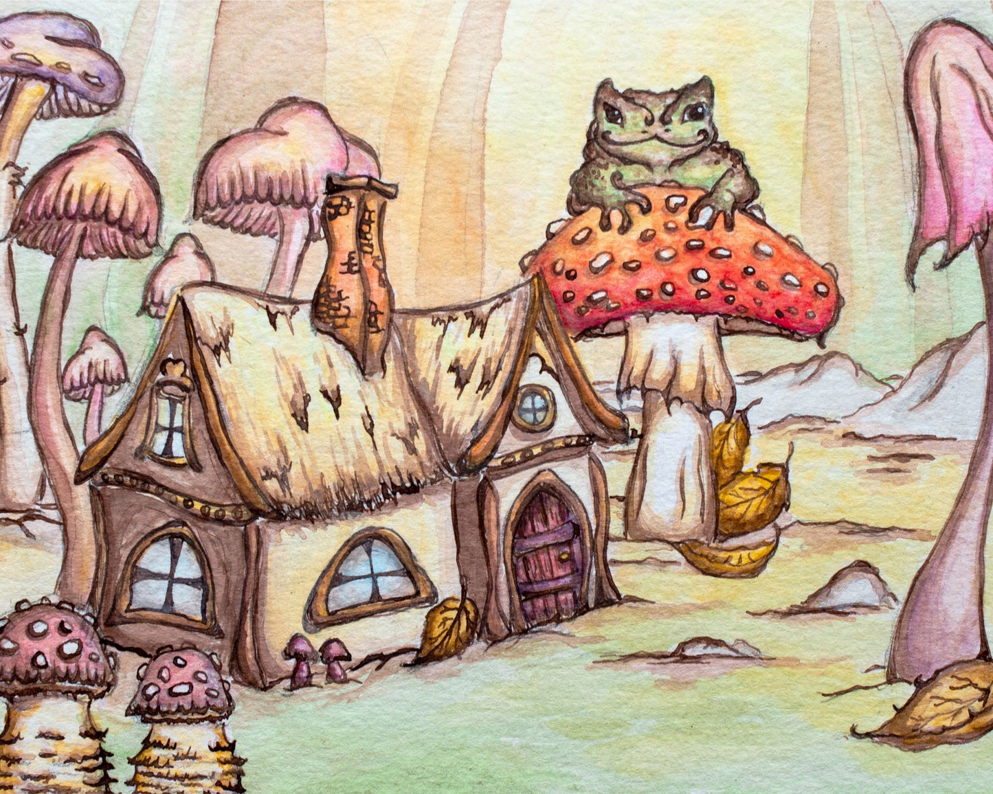 Tiny Cottage and Happy Toad in Mushroom Forest Giclee Fine Art Print