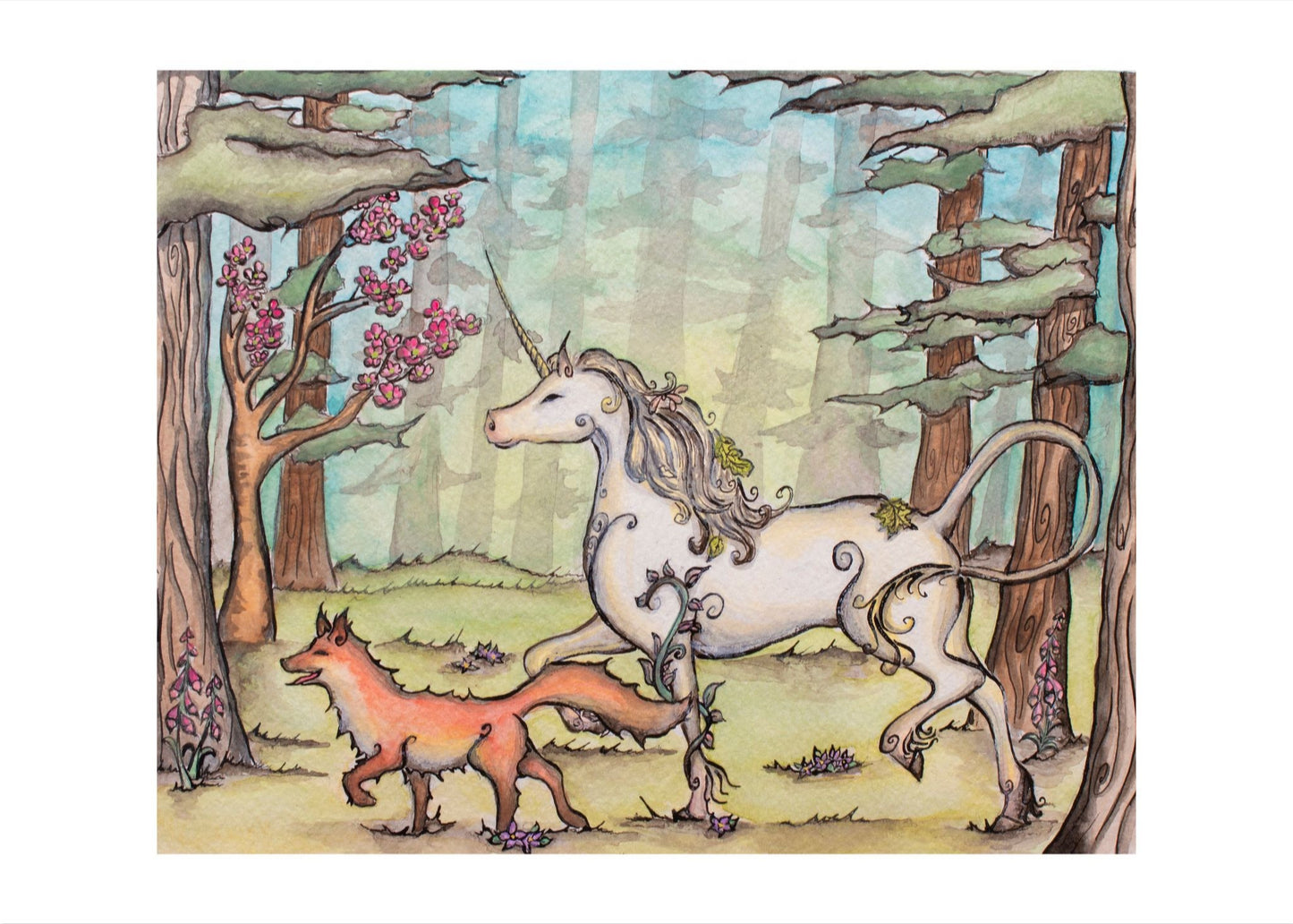 Joyful Unicorn and Fox Giclee Fine Art Print