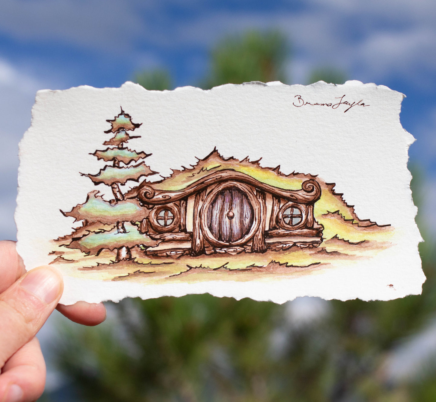 Hobbit House with Little Spruce Friend Original Illustration