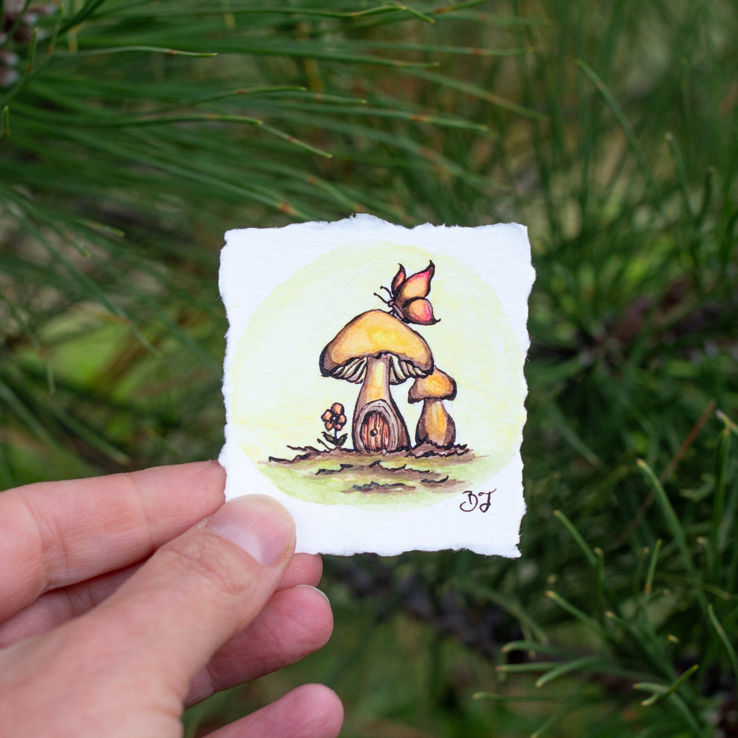 Tiny Mushroom House with Butterfly Original Illustration