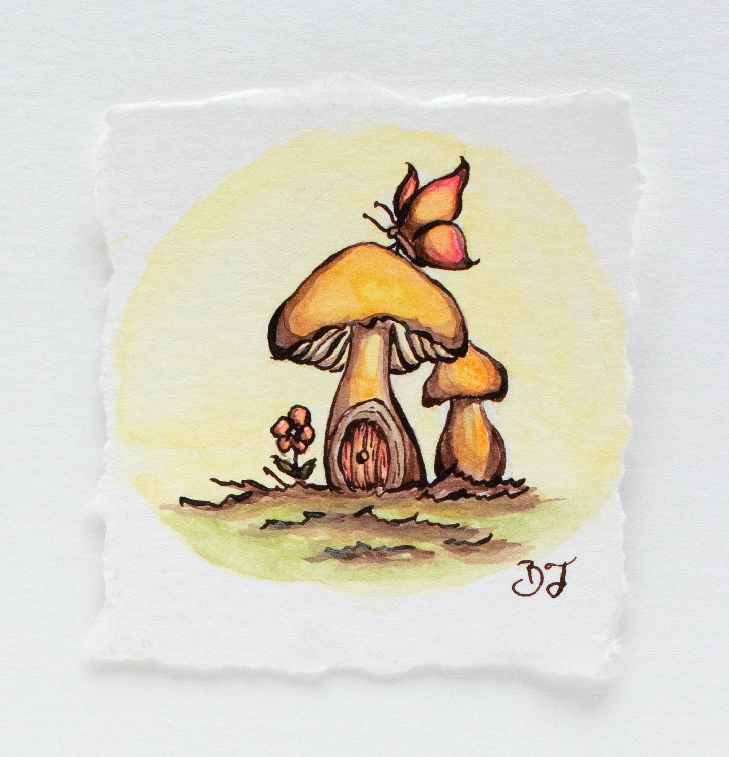 Tiny Mushroom House with Butterfly Original Illustration