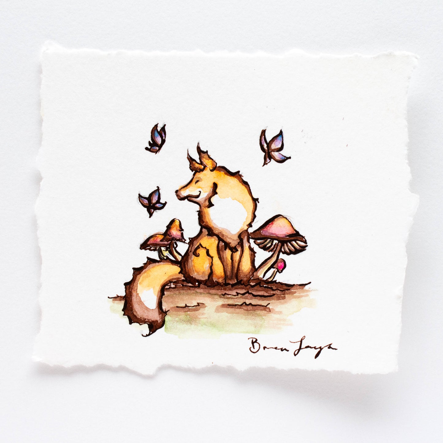 Peaceful Fox and Butterflies Original Illustration