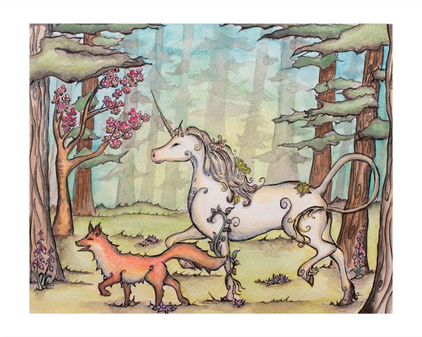 Joyful Unicorn and Fox Giclee Fine Art Print