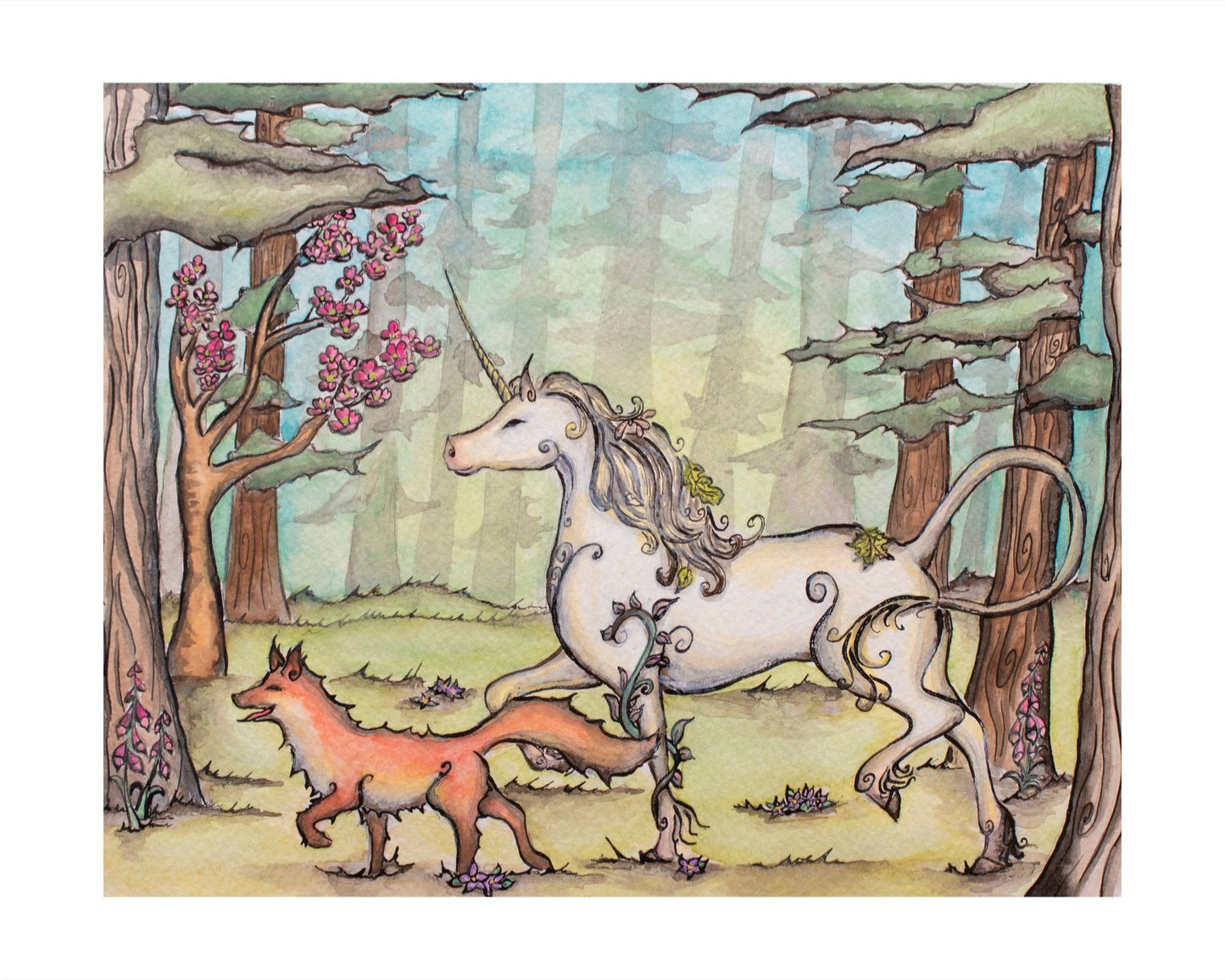 Joyful Unicorn and Fox Giclee Fine Art Print