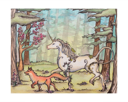 Joyful Unicorn and Fox Giclee Fine Art Print