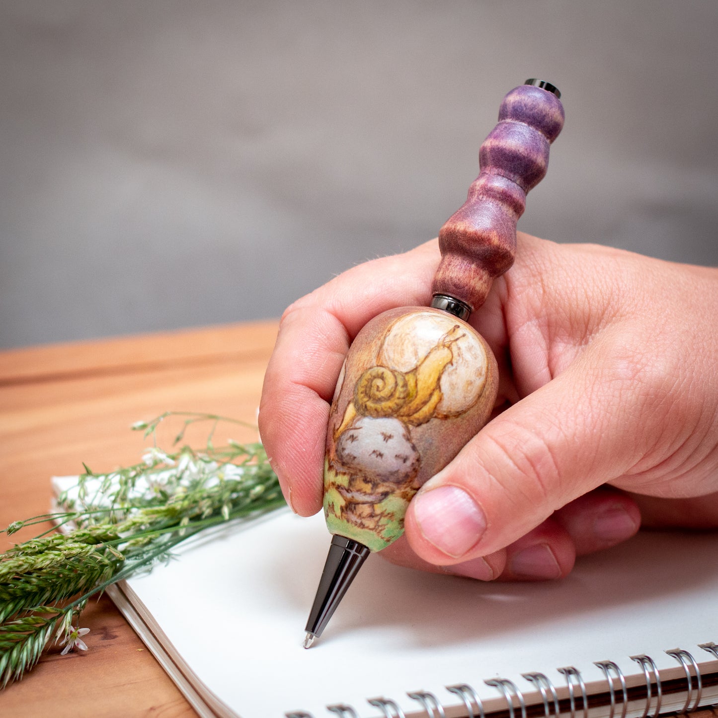 Snail, Moon and Mushrooms Ballpoint Pen, Ergonomic Grip for More Comfortable Writing, Fairytale Pen, Handmade Pen, Arthritis Pencil