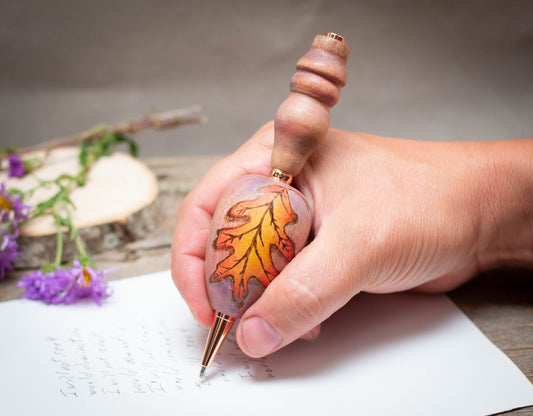 Large Grip Oak Leaf Wood Pen or Mechanical Pencil, Ergonomic Grip for More Comfortable Writing, Fancy Pen, Handmade Pen, Arthritis Pencil